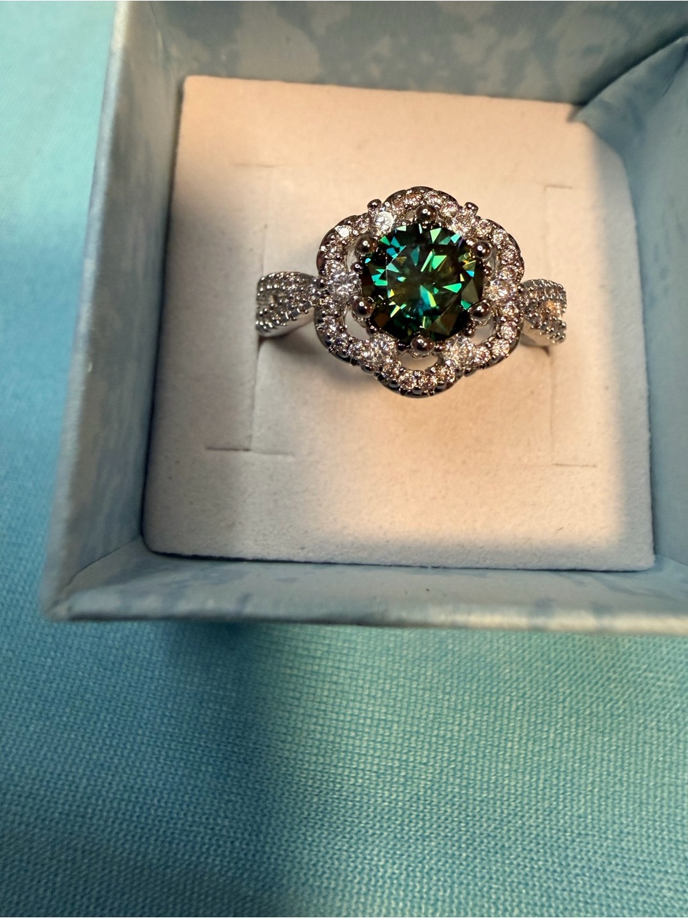 Green Moissanite Halo Flower Ring - Picture 2 of 5